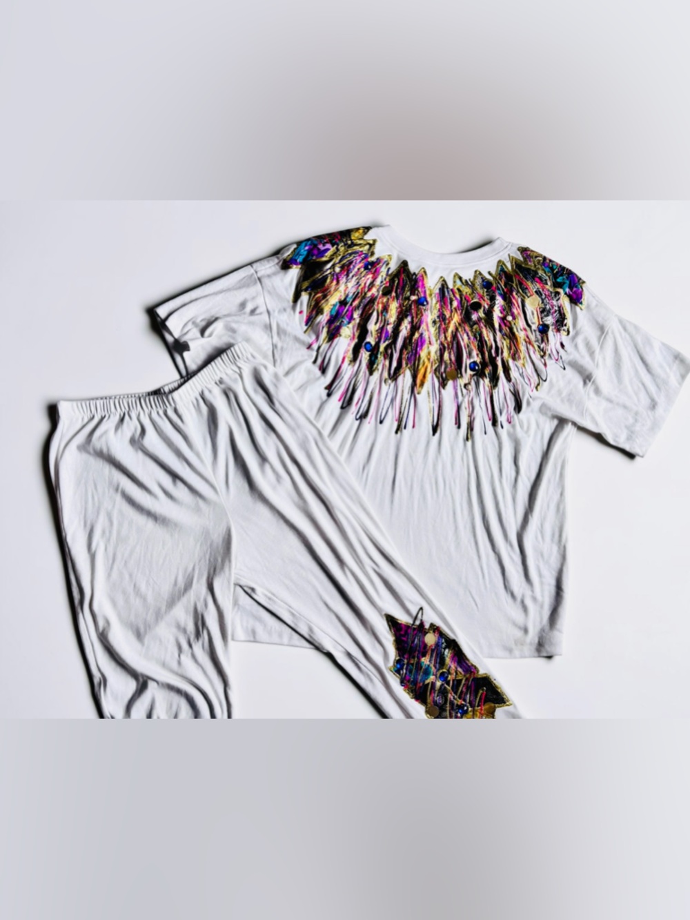Vintage 80s Matching Set Womens Large White Beaded Fringe Lounge Outfit